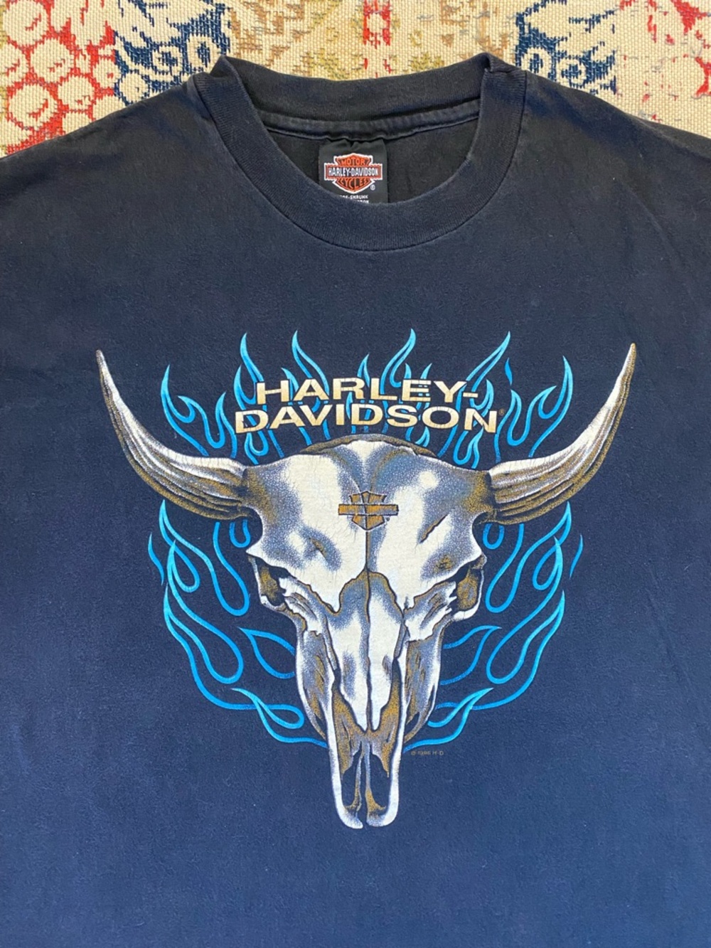 Vintage Harley Davidson RK Stratman Shirt L 90s Blue Flames Skull Colorado USA - Picture 2 of 10